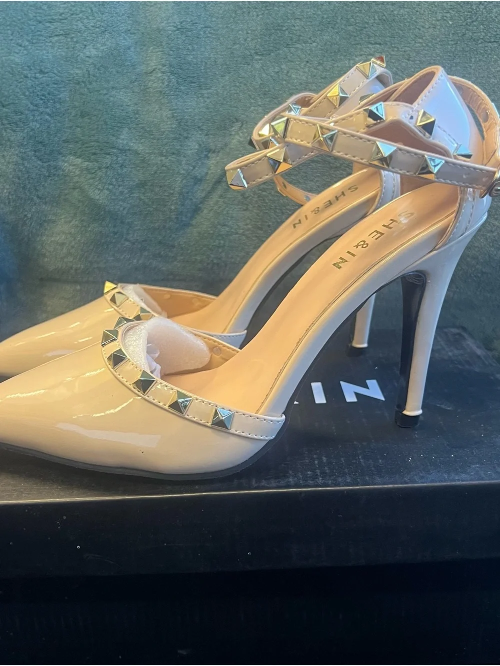 SHEIN Nude Patent Pointed-Toe Studded Ankle-Strap Heels